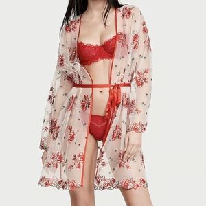Victoria's secret women's sheer mesh evening blush rose floral embroidered robe